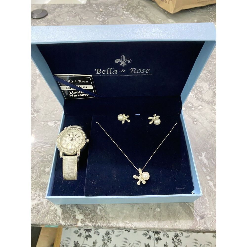 Bella & Rose Signature Watch, Necklace, Earrings Pearl Coral Rhinestone Silver